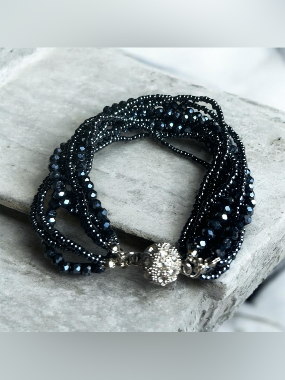 Multi-Strand Gun Metal Faux Crystal Bead Bracelet with Magnetic Pave Clasp 8”